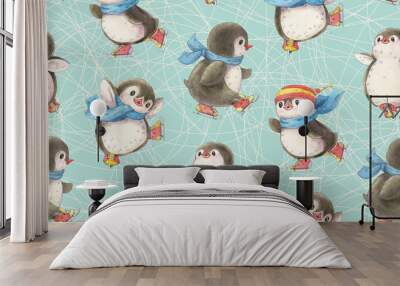 Seamless pattern with cute penguins Wall mural