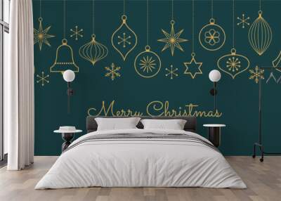 Merry Christmas template background with gold geometric minimalist elements and icons on dark green. Abstract trendy banner with vintage tree decorations in simple flat design. Vector illustration. Wall mural