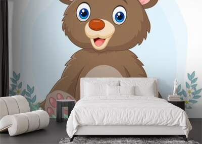 Cartoon baby bear sitting with flowers background Wall mural