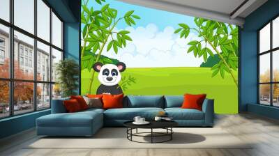 Cartoon cute panda in the bamboo forest Wall mural