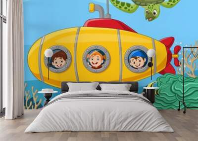 Cartoon happy kids in submarine underwater journey Wall mural