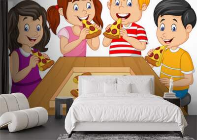 Cartoon kids eating pizza together Wall mural