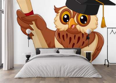 Cartoon owl wearing graduation cap holding diploma Wall mural