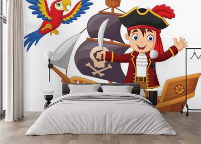 Cartoon pirate boy on a wooden ship Wall mural