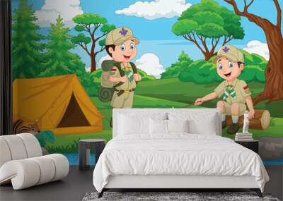 
Cartoon scout with tent and camp fire
 Wall mural