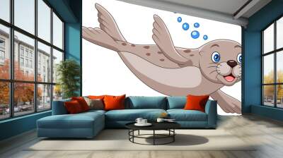 Cartoon seal swimming on white background Wall mural