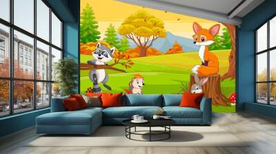 Cartoon wild animals in the autumn forest Wall mural