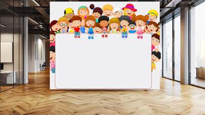 Crowd children with blank sign Wall mural