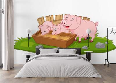 Cute cartoon mother pig and piglets Wall mural