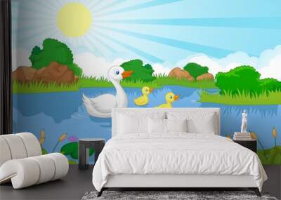 Duck family cartoon swimming Wall mural