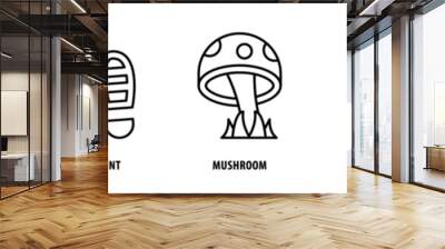 Set of Oil Lamp, Camping Gas, Mushroom, Footprint, Fishing Rod icons, a collection of clean line icon illustrations with editable strokes for your projects Wall mural