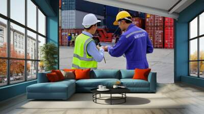 Two professional Asian male workers in safety uniforms and hard hats work at a logistics terminal with many stacks of containers, loading control shipping goods for the cargo transportation industry. Wall mural