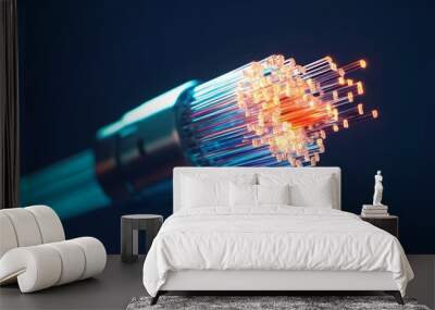 3D render close-up end of a Fiber optic cable on dark blue background, close-up view of fiber optic communication technology concept Wall mural