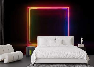 3D render of a square colorful neon light on a dark background with copy space, a glowing illuminated frame for product presentation Wall mural