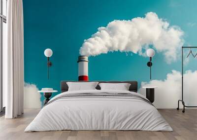 A photo of smoke from the chimney on an industrial plant against a blue sky, with white clouds and copy space. Wall mural