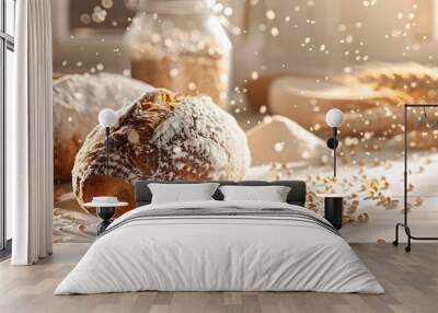 background for advertising bread or food, a white table with two whole loaves of sourdough rye and wheat bread in the foreground, flour on it, a glass jar Wall mural