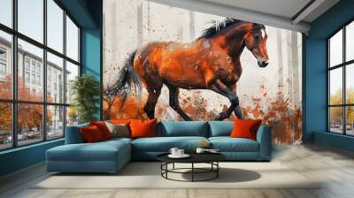 Brown horse running in the forest, orange and black colors on a white background, in the style of oil painting, Wall mural