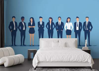 Business team of men and women in suits standing together on blue background vector illustration Wall mural