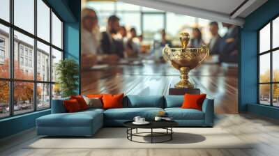 Golden trophy cup on a wooden table with business people in a meeting room background, a concept of success and achievement of winning an award Wall mural