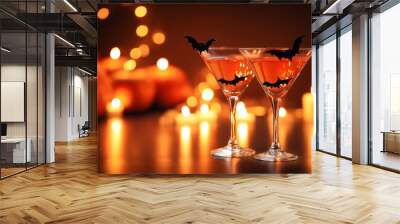 Halloween cocktail party background with two martini glasses decorated in hallow-focus, depth of field and soft lighting, orange color theme, Wall mural