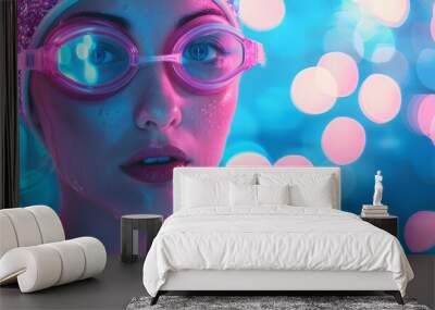 Woman with swimming cap and goggles, pink neon Wall mural