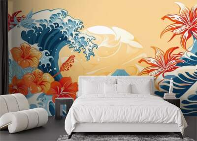 Asian waves and tropical flowers, banner for AAPI in may Wall mural