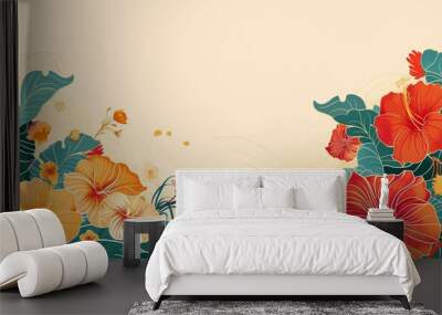 Asian waves and tropical flowers, banner for AAPI in may Wall mural