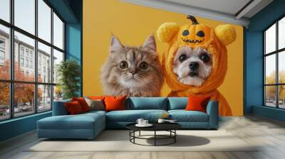 cat and dog, wearing costume for halloween. Wall mural