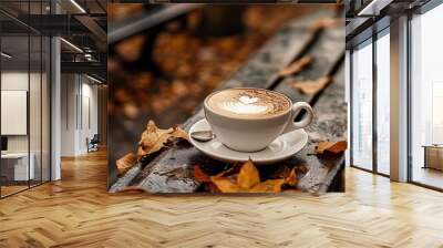 Cup of cappuccino and autumn background. Wall mural