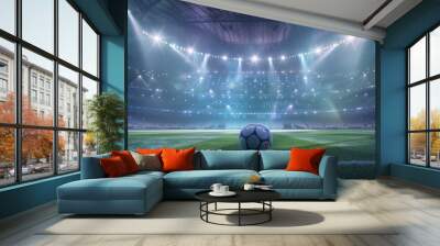 Soccer ball in stadium with lights and spotlights Wall mural