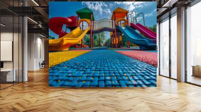 Colorful Playground. A vibrant outdoor playground filled with bright slides, climbing structures, and swings under a sunny sky. The playground floor is made of soft, colorful rubber. Wall mural