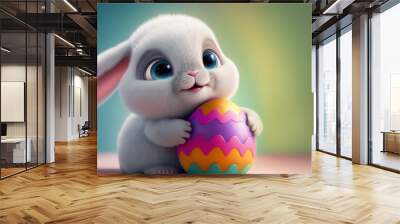 Cute Easter bunny with a colorful Easter egg. Generative AI
 Wall mural