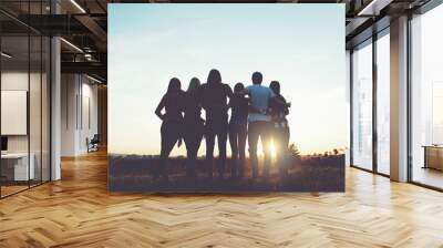 Group of people hugging outdoors; sunset  Wall mural