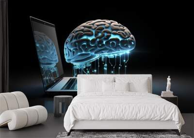 Human brain connected to a laptop. Digital cyberspace and advanced artificial technology concept. Generated with Ai.  Wall mural