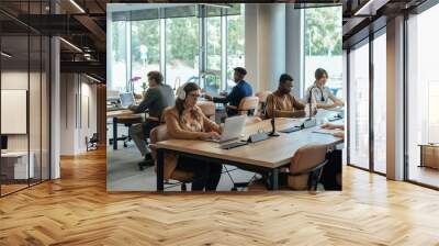 Mixed-Race Team  Sitting at Desk and Working in Open Plan Business Space Office.
Group of six multi-ethnic businesspeople working together in an open plan office, they using laptop computers, tablets Wall mural