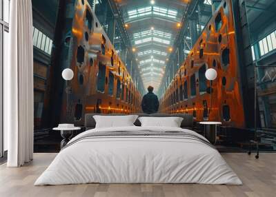 A man stands in a large industrial building with a lot of machinery Wall mural