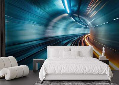 Abstract motion blur of a subway train speeding through an underground tunnel. Time Travel and metaverse technology concept. Wall mural