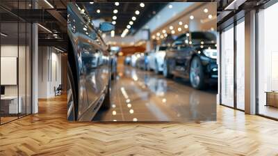 Vibrant lineup of car in various colors with blurred background in auto showroom. Modern vehicle diversity. Auto dealership. Car insurance service. Wall mural