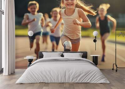 A smiling young girl running with a prosthetic leg Wall mural