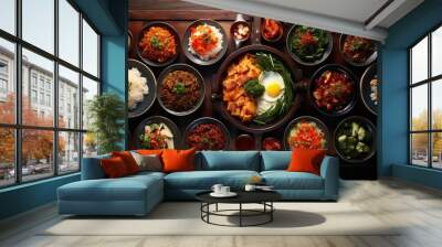 asian food dishes beautifully arranged on a wooden table, shoot top view Wall mural