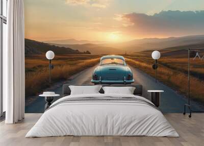 View from behind classic car on the street at sunset with beautiful nature background Wall mural