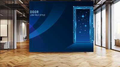 open door low poly in starry sky on dark blue background Wall mural