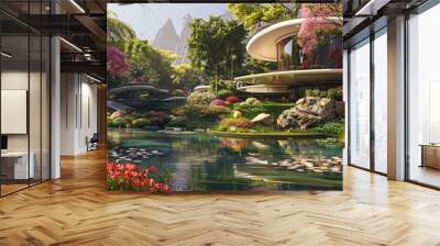 A futuristic home, it is very advanced in appearance, there is a lush green pond around it, and there are colorful flowers and gardens, there is also a futuristic swing bridge, a Future city images Wall mural