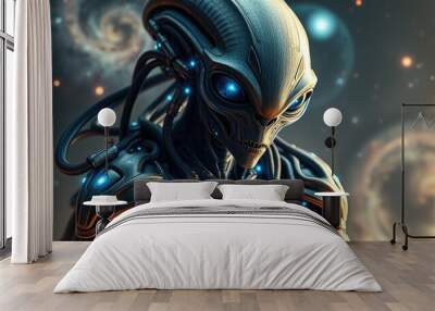 Alien Images, spaceship and alien, Futuristic Alien Cyborg in Space with Glowing Eyes Wall mural