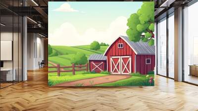 Charming Cartoon Farm with Red Barn and Country Landscape Wall mural