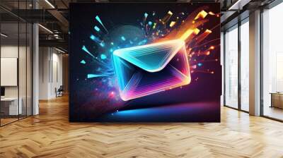 Email marketing images, Colorful Neon Envelope with Exploding Vibrant Paint Splashes on Black Background, Futuristic Digital Art Concept Wall mural