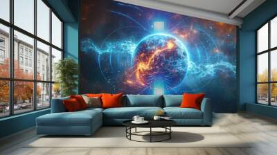 Magnetic field, Earth magnetic field, magnetic energy, Earth is visible in space in which an imaginary magnetic force is visible Wall mural