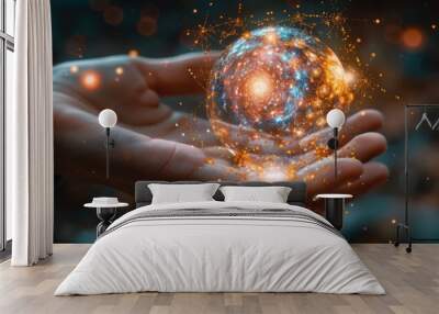 Quantum physics, quantum particles energy catch, atom particles structure hologram holding in hand a human, background a dark blue, experiment, science experiment,  Wall mural