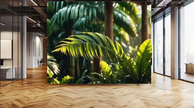 Tropical island with palms, Tree in the garden, tropical evergreen forest and leaves plant wallpaper, tropical wallpaper, green plant and leaves background Wall mural