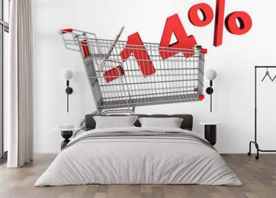 shopping cart with 14 percent discount isolated on white backgro Wall mural